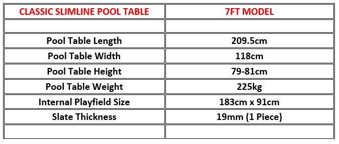 Classic Slimline 7ft Pool Table Dimensions