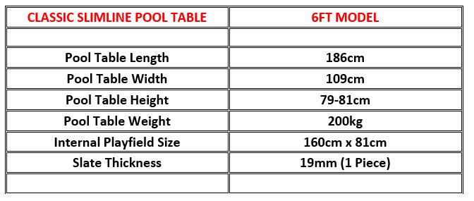 Classic Slimline 6ft Pool Table Dimensions