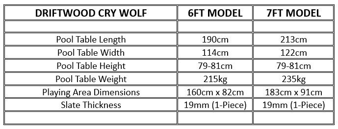 Driftwood Cry Wolf Pool Table Dimensions