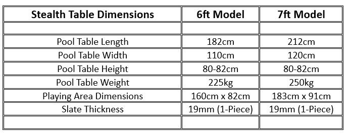 Stealth Pool Table Dimensions