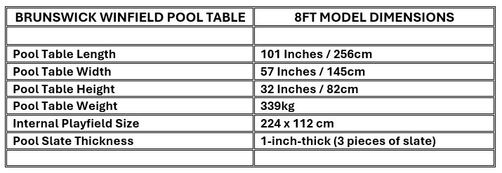 Brunswick Winfield Coffee 8ft Pool Table Dimensions