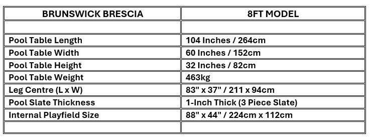 Brunswick Brescia 8ft Pool Table Dimensions