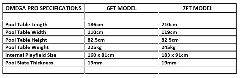 Omega Pro Pool Table Specifications